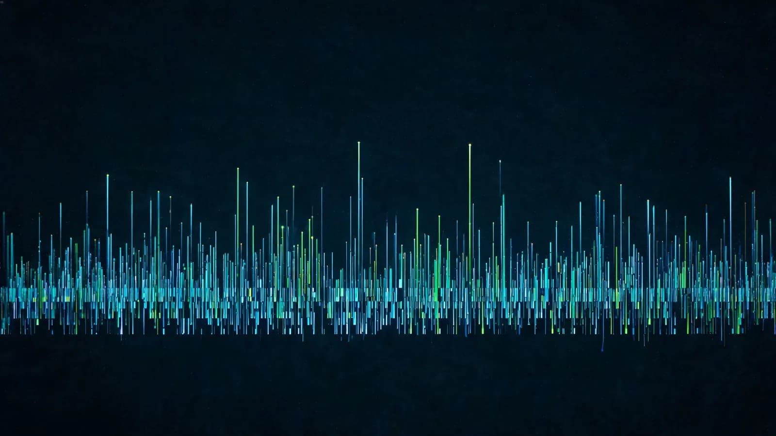 Abstrakte Datenvisualisierung: Ein dichtes Feld schmaler Lichtlinien unterschiedlicher Höhe wie eine Messkurve in Echtzeit